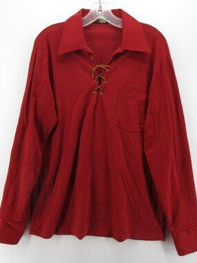 VINTAGE Kingsport Polo Shirt Medium 70s Disco Leisure Lace Up Pocket *